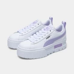 Puma Juniors' Mayze Leather Puma White / Vivid Violet -Sports Fashion Clothing Store 38452722 puma juniors mayze puma white purple 2