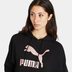 Puma Women’s Classics Metallic Logo Pullover Hoodie Puma Black / Rose Gold -Sports Fashion Clothing Store 53469801 clsc mtlc logohp blkrose gold B