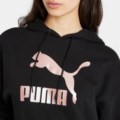 Puma Women’s Classics Metallic Logo Pullover Hoodie Puma Black / Rose Gold -Sports Fashion Clothing Store 53469801 clsc mtlc logohp blkrose gold D