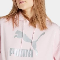 Puma Women's Classics Metallic Logo Pullover Hoodie Chalk Pink / Silver -Sports Fashion Clothing Store 53469816 clsc mtlc logohchlk pnkslvr D