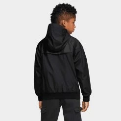 Nike Sportswear Junior Boys' Wind Runner Hooded Jacket Black / Black - White -Sports Fashion Clothing Store 850443011 b nsw wr jkt hd A