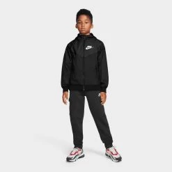 Nike Sportswear Junior Boys' Wind Runner Hooded Jacket Black / Black - White -Sports Fashion Clothing Store 850443011 b nsw wr jkt hd C