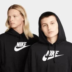 Nike Sportswear Women's Club Fleece Oversized Crop Graphic Pullover Hoodie Black / White -Sports Fashion Clothing Store DQ5850 010 w nsw club flc gx crop hdy C