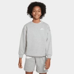 Nike Junior Girls' Club Fleece Oversized Crewneck Dark Grey Heather / White