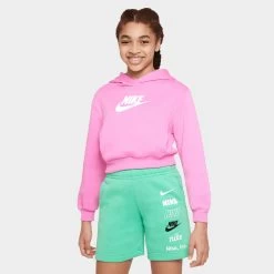 Nike Sportswear Junior Girls' Club Fleece Crop Pullover Hoodie Playful Pink / White