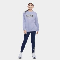 Nike Junior Girls' Oversized Printed Fleece Crewneck / Indigo Haze -Sports Fashion Clothing Store FJ5286 519 g nsw oos trend crew prnt D
