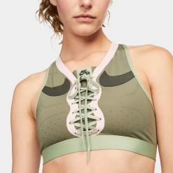 Nike Women's Dri-FIT Swoosh Air Force 1 Medium-Support Laced Sports Bra Medium Olive / Sequoia - Pink Glaze -Sports Fashion Clothing Store dd1432222 swsh af1 bra medolvsqmedolv D