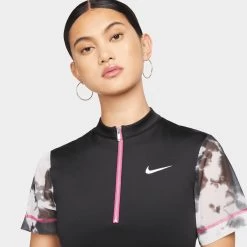 Nike Sportswear Women’s Short-Sleeve Patchwork Dress Black / Black - Active Pink -Sports Fashion Clothing Store dm6355010 prnt ss drs bk bk act pnk wh C